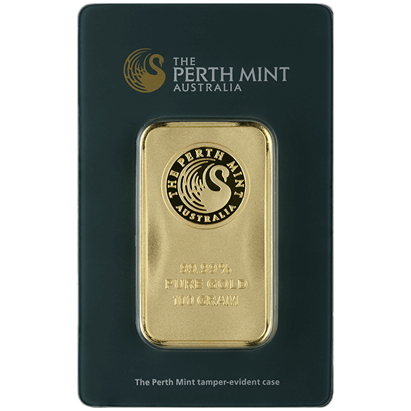 Front 100 Gram Gold Bar - Perth Mint (with Assay)