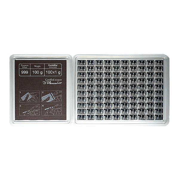 Back 100 Gram Valcambi Silver CombiBar (with Assay)