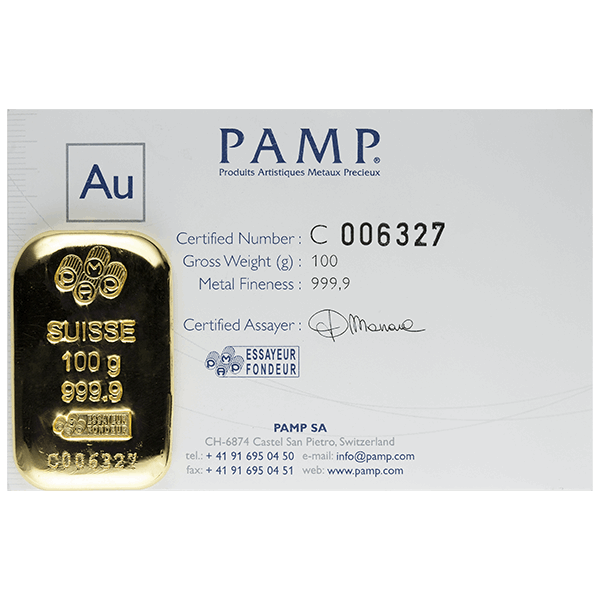Front 100 Gram Cast Gold Bar - PAMP Suisse (with Assay)