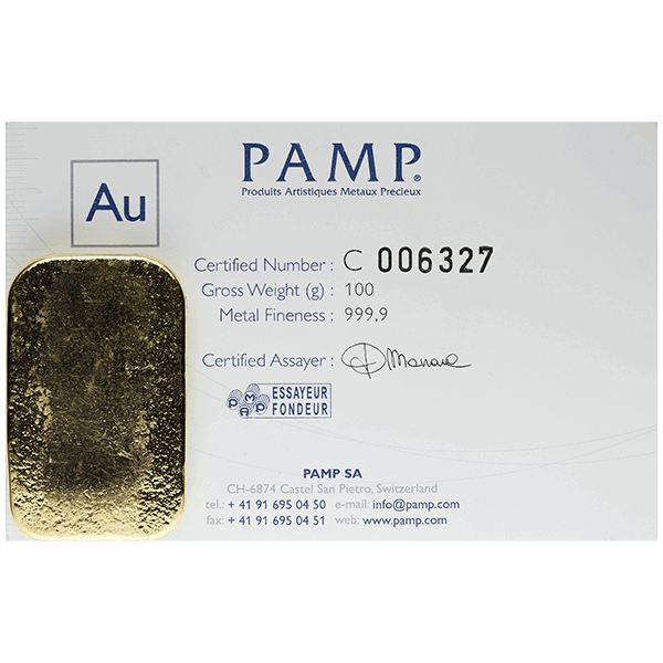 Back 100 Gram Cast Gold Bar - PAMP Suisse (with Assay)