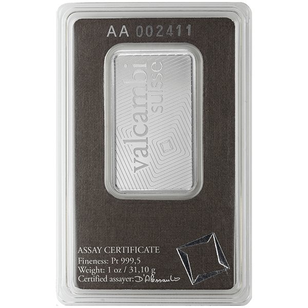 Back 1 oz Platinum Bar - Valcambi (with Assay)