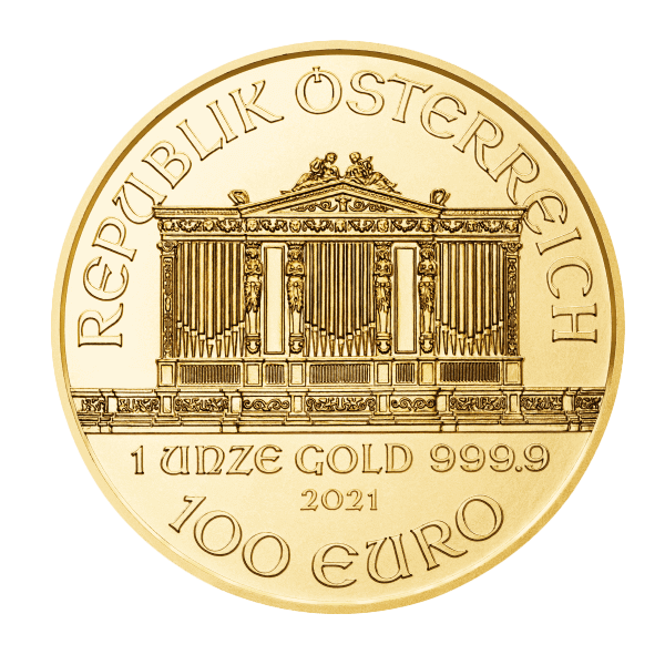 Back 2021 1 oz Austrian Gold Philharmonic Coin BU 