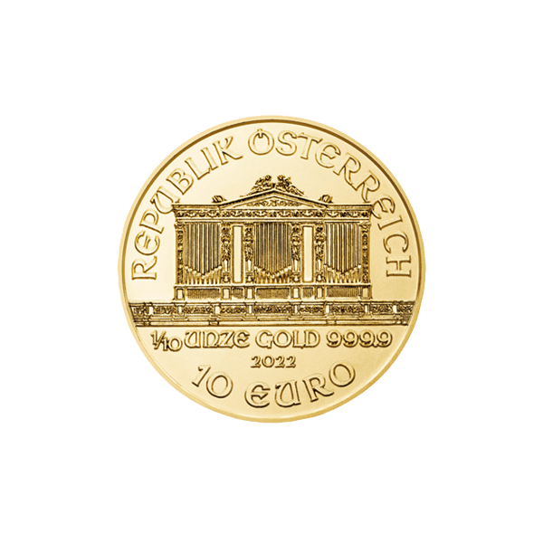 Back 2022 1/10 oz Austrian Gold Philharmonic Coin BU