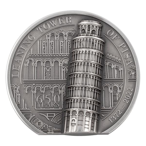 Front 2022 Cook Islands 2 oz Leaning Tower of Pisa Antique Silver Coin