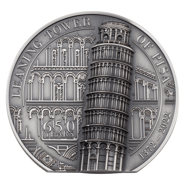 Front 2022 Cook Islands 5 oz Leaning Tower of Pisa Antique Silver Coin