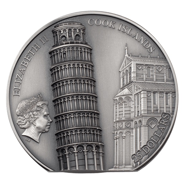 Back 2022 Cook Islands 5 oz Leaning Tower of Pisa Antique Silver Coin