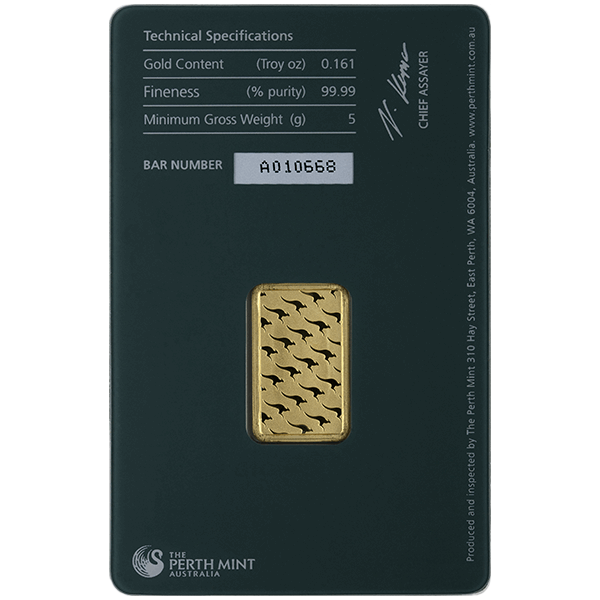 Back 5 Gram Gold Bar - Perth Mint (with Assay)