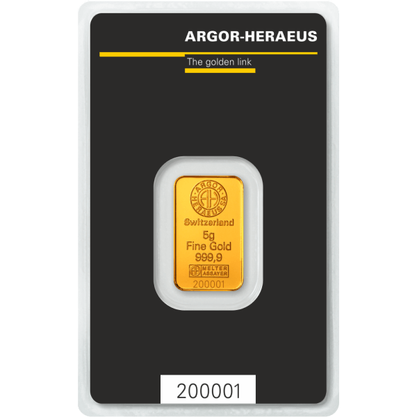 Back 5 Gram Gold Bar – Argor Heraeus Kinebar (with Assay)