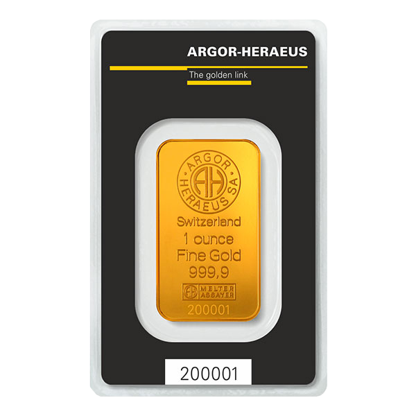 Front 1 oz Gold Bar - Argor Heraeus (with Assay)