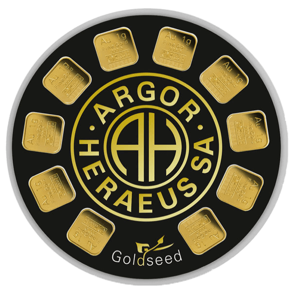 Front 10 Gram Gold Bar - Argor Heraeus Goldseed (10 x 1 gram, with Assay)