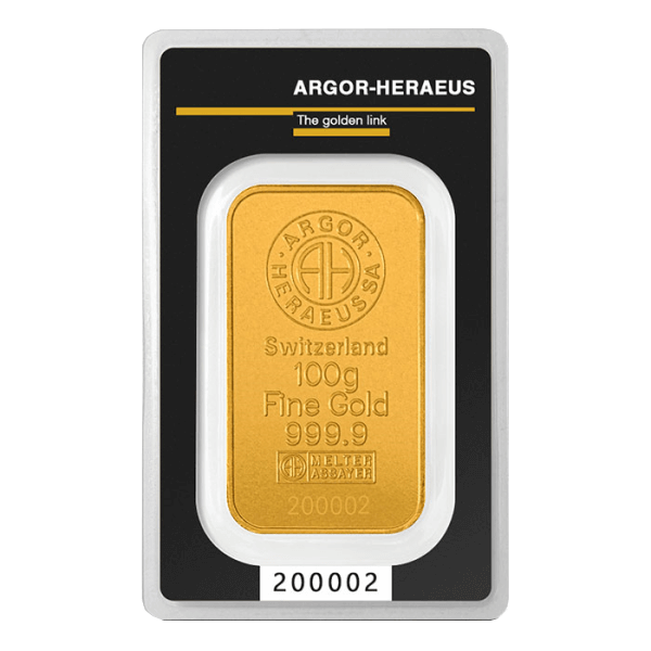 Front 100 Gram Gold Bar – Argor Heraeus (with Assay)