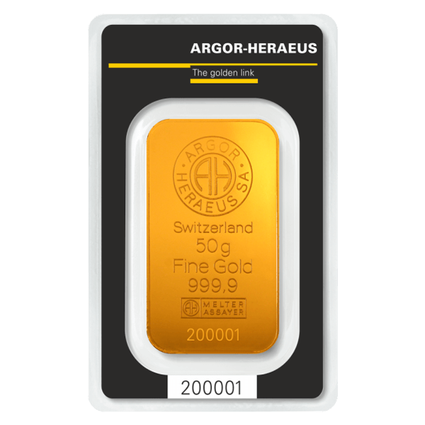 Front 50 Gram Gold Bar – Argor Heraeus (with Assay)