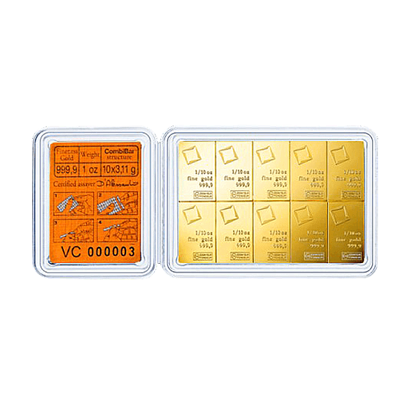 Back 1 oz Valcambi Gold CombiBar (10 x 1/10 oz, with Assay)