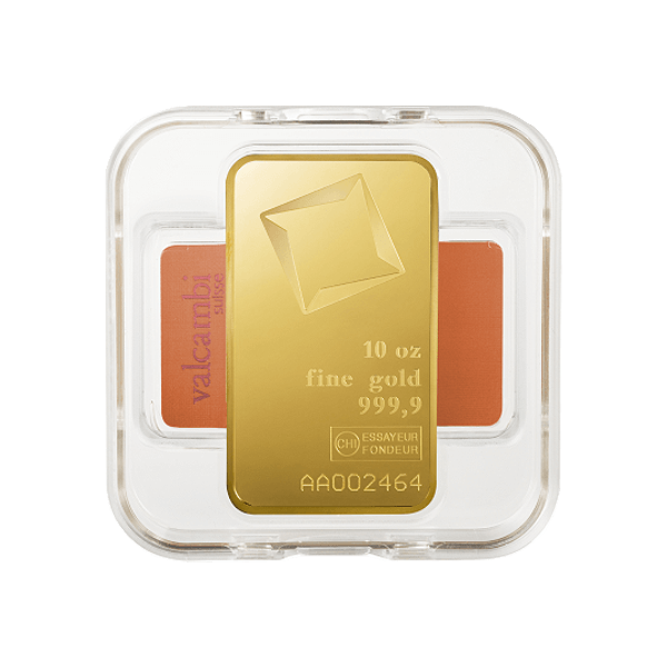 Front 10 oz Gold Bar - Valcambi (with Assay)
