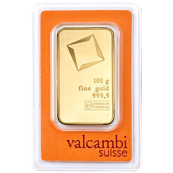 Front 100 Gram Gold Bar - Valcambi (with Assay) 