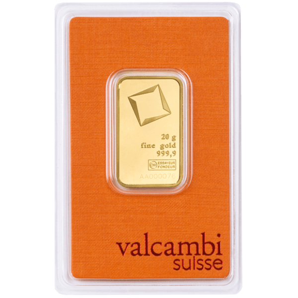 Front 20 Gram Gold Bar - Valcambi (with Assay) 