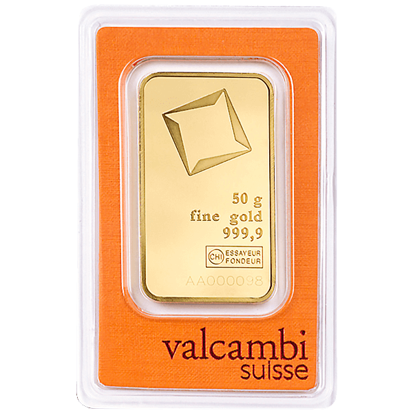 Front 50 Gram Gold Bar - Valcambi (with Assay)
