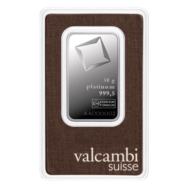 Front 50 Gram Platinum Bar - Valcambi (with Assay)