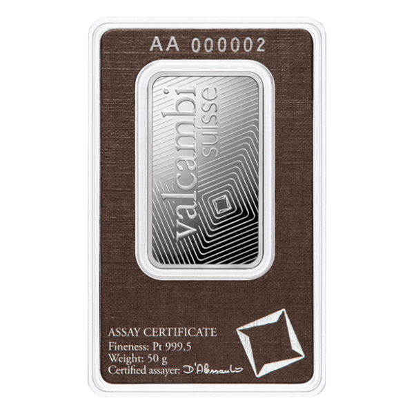 Back 50 Gram Platinum Bar - Valcambi (with Assay)