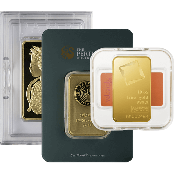 Front 10 oz Gold Bar - Various Mints (with Assay)