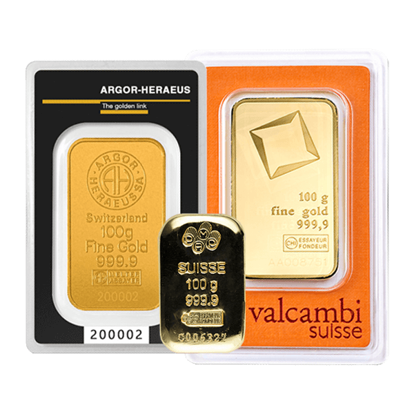 Front 100 Gram Gold Bar - Various Mints
