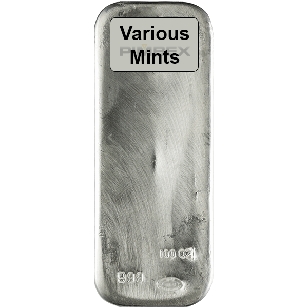 Front 100 oz Silver Bar – Various Mints