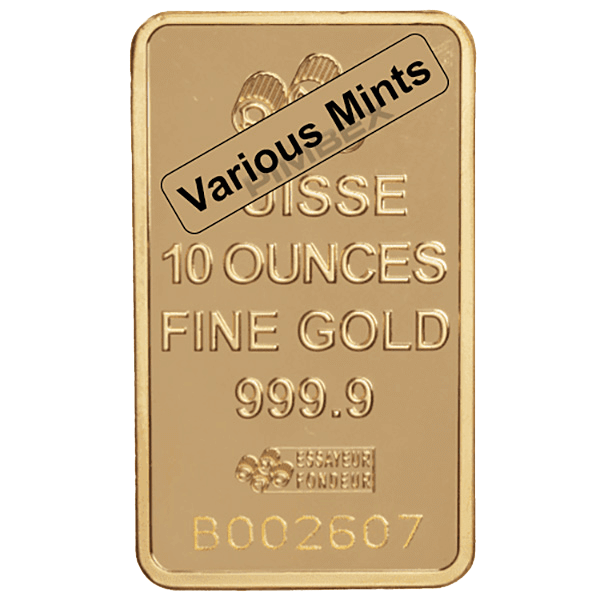 Front 10 oz Gold Bar - Various Mints