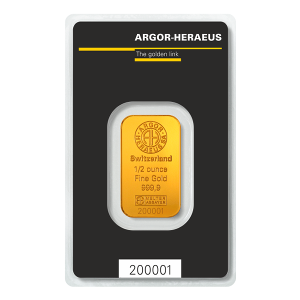 Front 1/2 oz Gold Bar - Argor Heraeus (with Assay)
