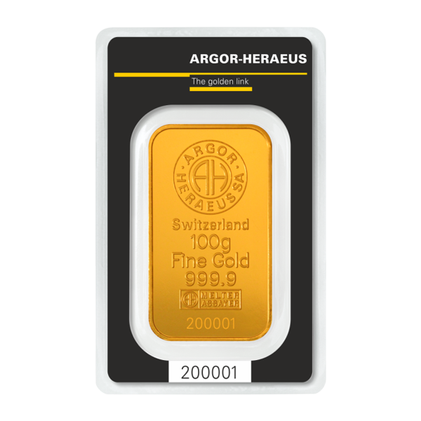 Back 100 Gram Gold Bar - Argor Heraeus Kinebar (with Assay)