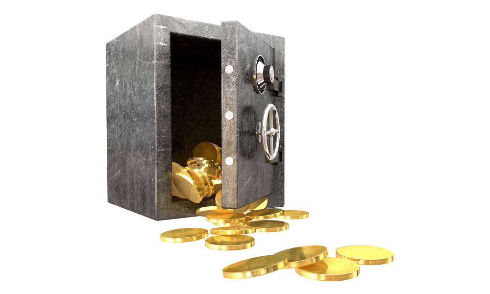 gold bullion coins spilling out of open vault safe pimbex